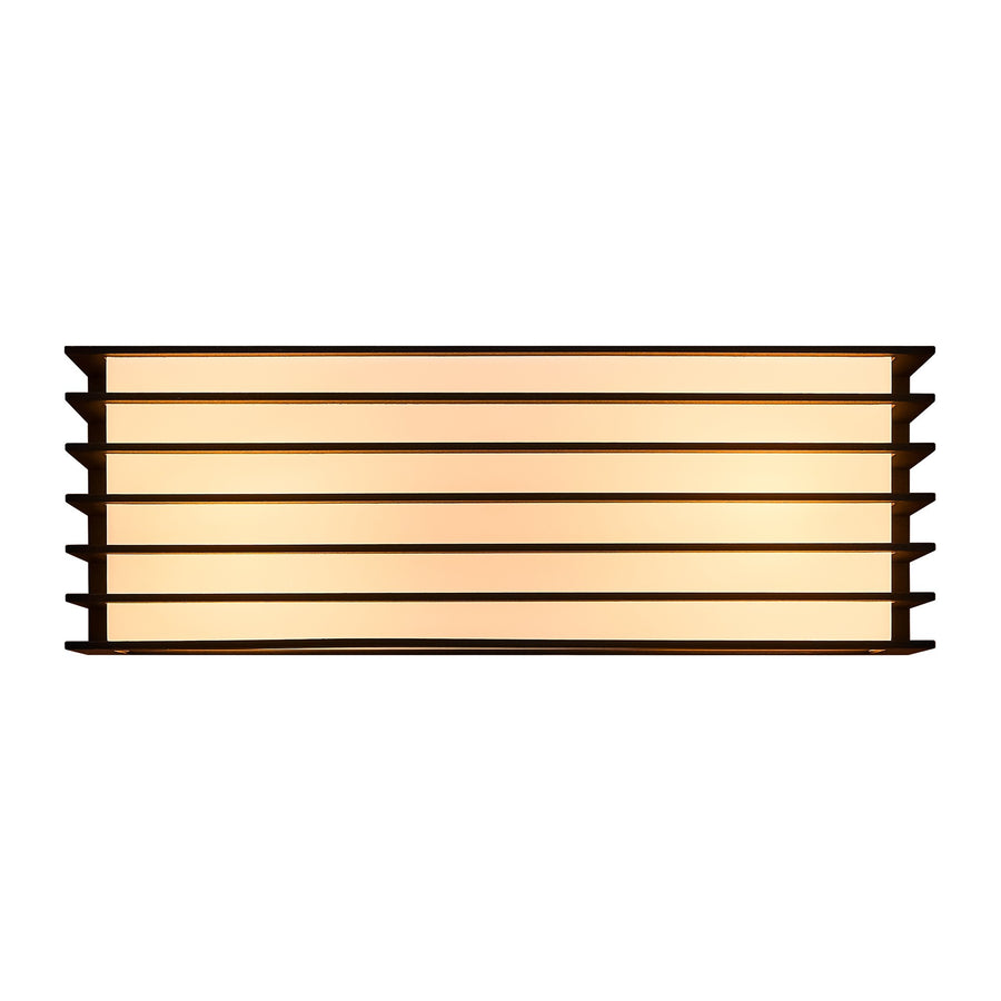 Vue de face de l'applique extérieure noire, grille horizontale et diffuseur allumé.