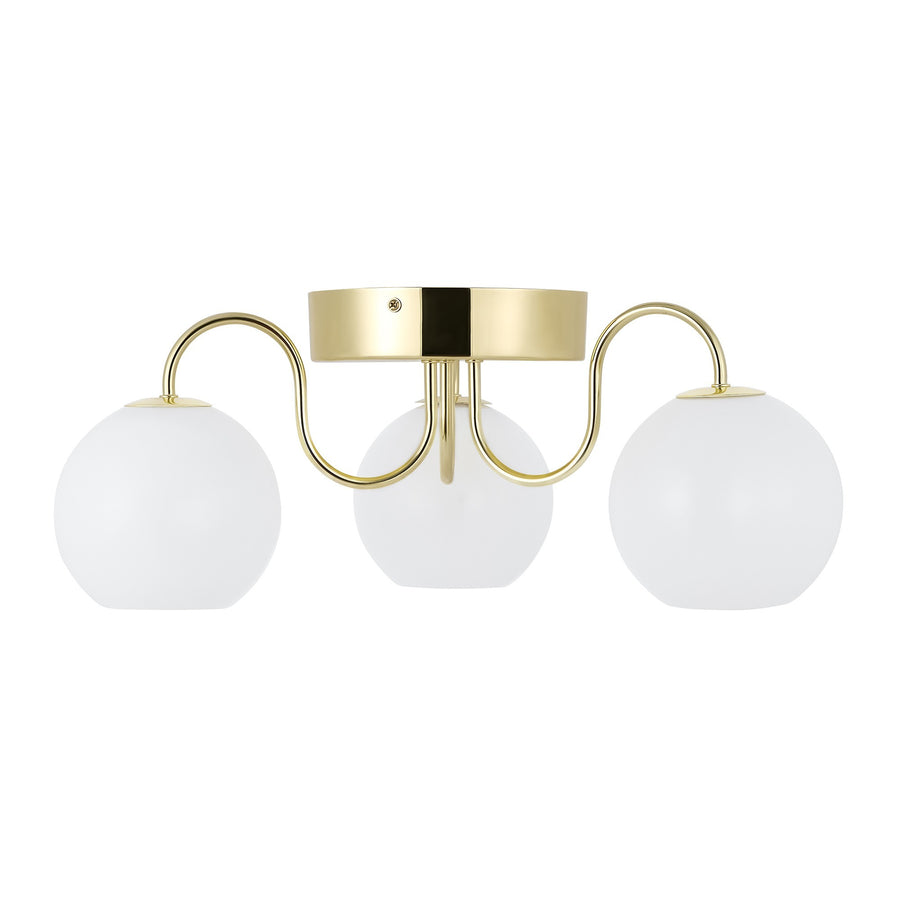 Trois globes en verre opalin blanc fixés sur une monture en laiton poli.