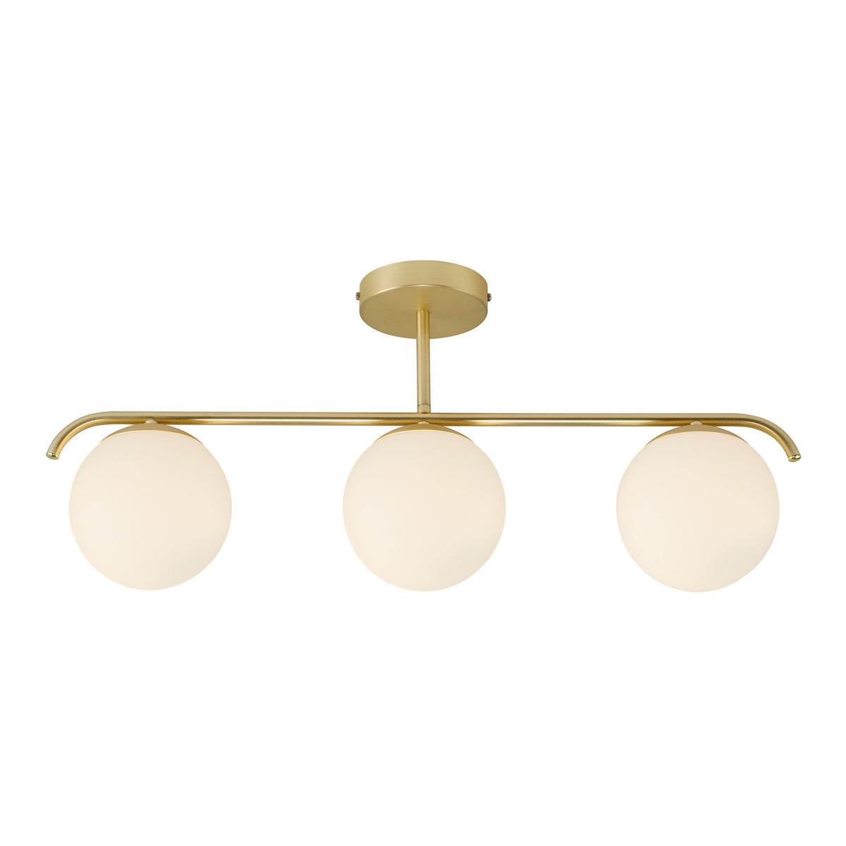 Plafonnier trois globes de verre opalin et structure métal doré sur fond blanc