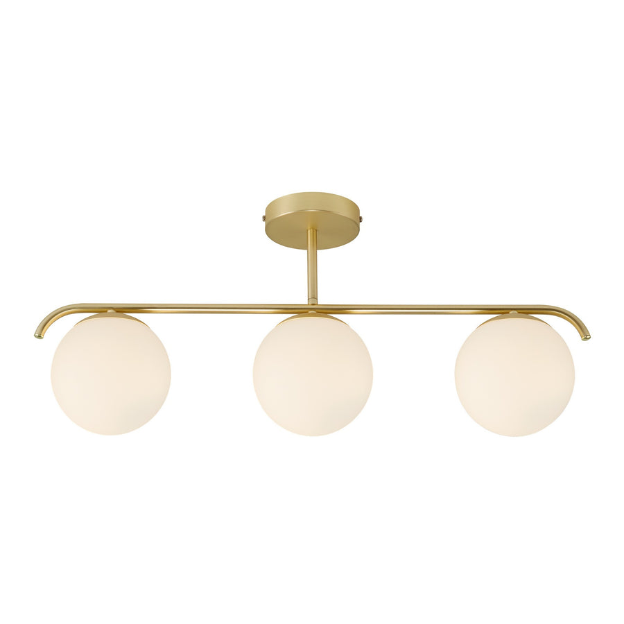 Plafonnier trois globes de verre opalin et structure métal doré sur fond blanc