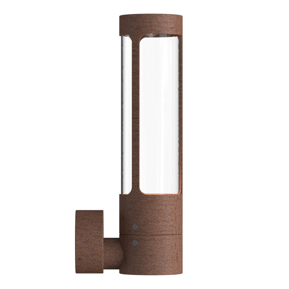 Applique murale cylindrique en acier corten avec verre transparent et support.