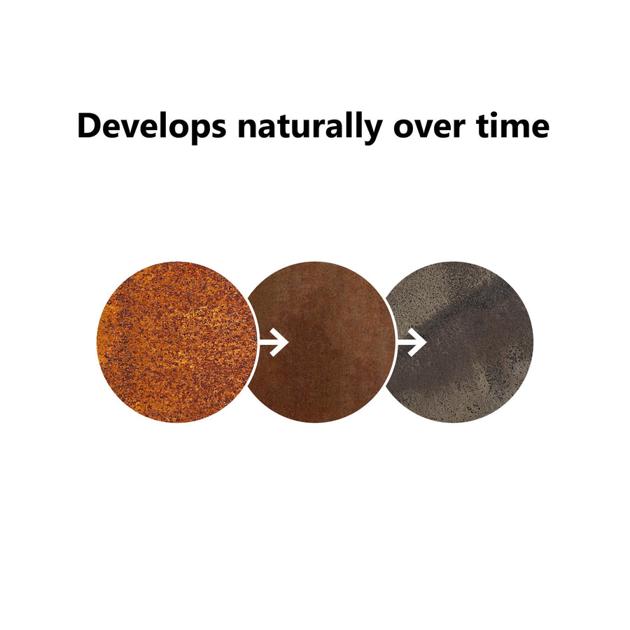 Trois cercles montrent l'évolution naturelle de la patine du corten.
