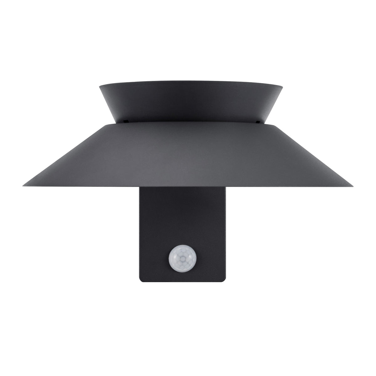 Vue de face du luminaire mural anthracite, silhouette symétrique avec détecteur en partie basse