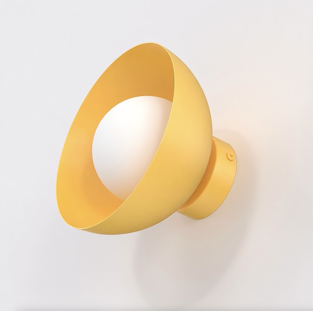 Vue de face de l'applique jaune avec sa sphère blanche centrale
