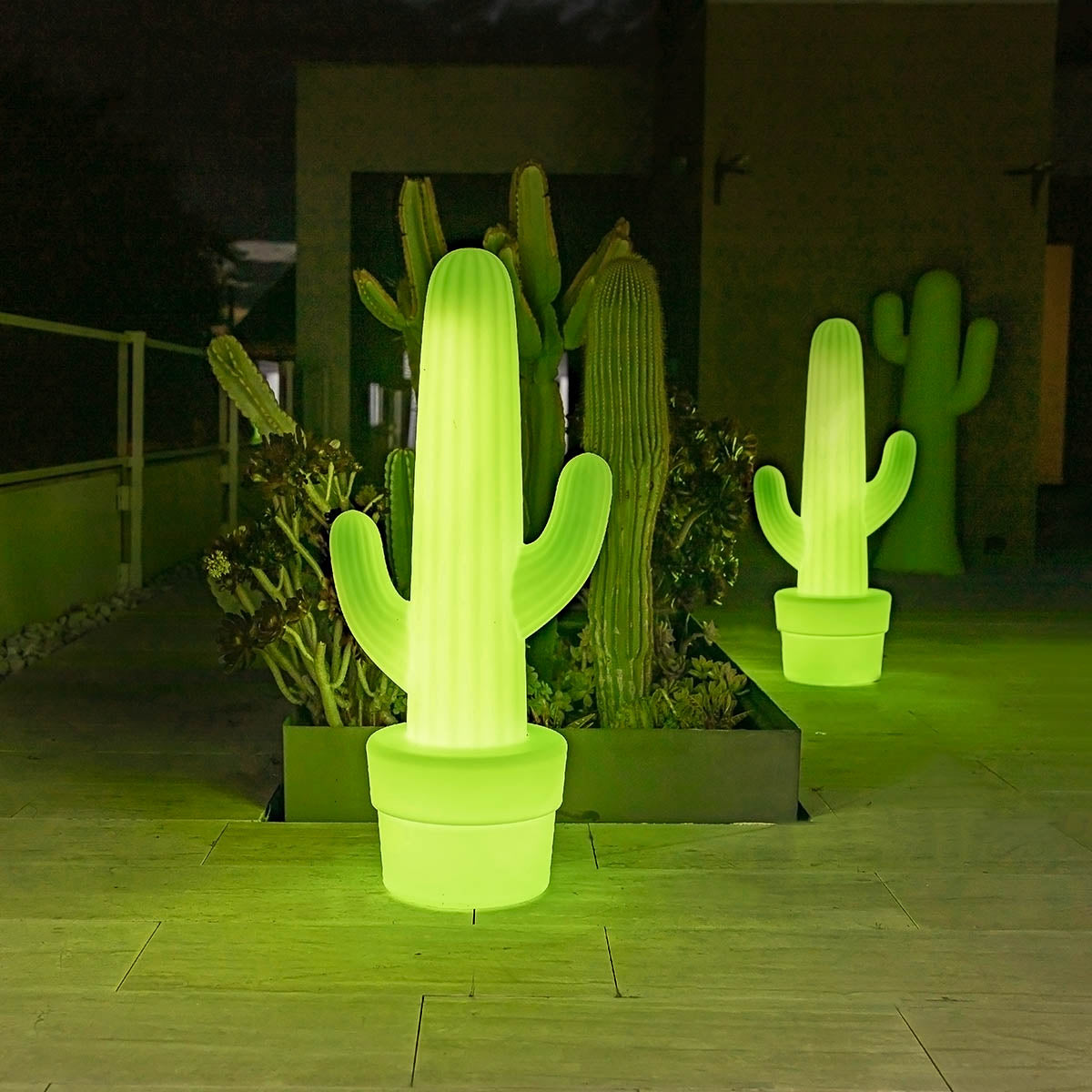 Lampadaire cactus vert lumineux allumé la nuit, posé sur terrasse en bois, autre cactus en arrière-plan.