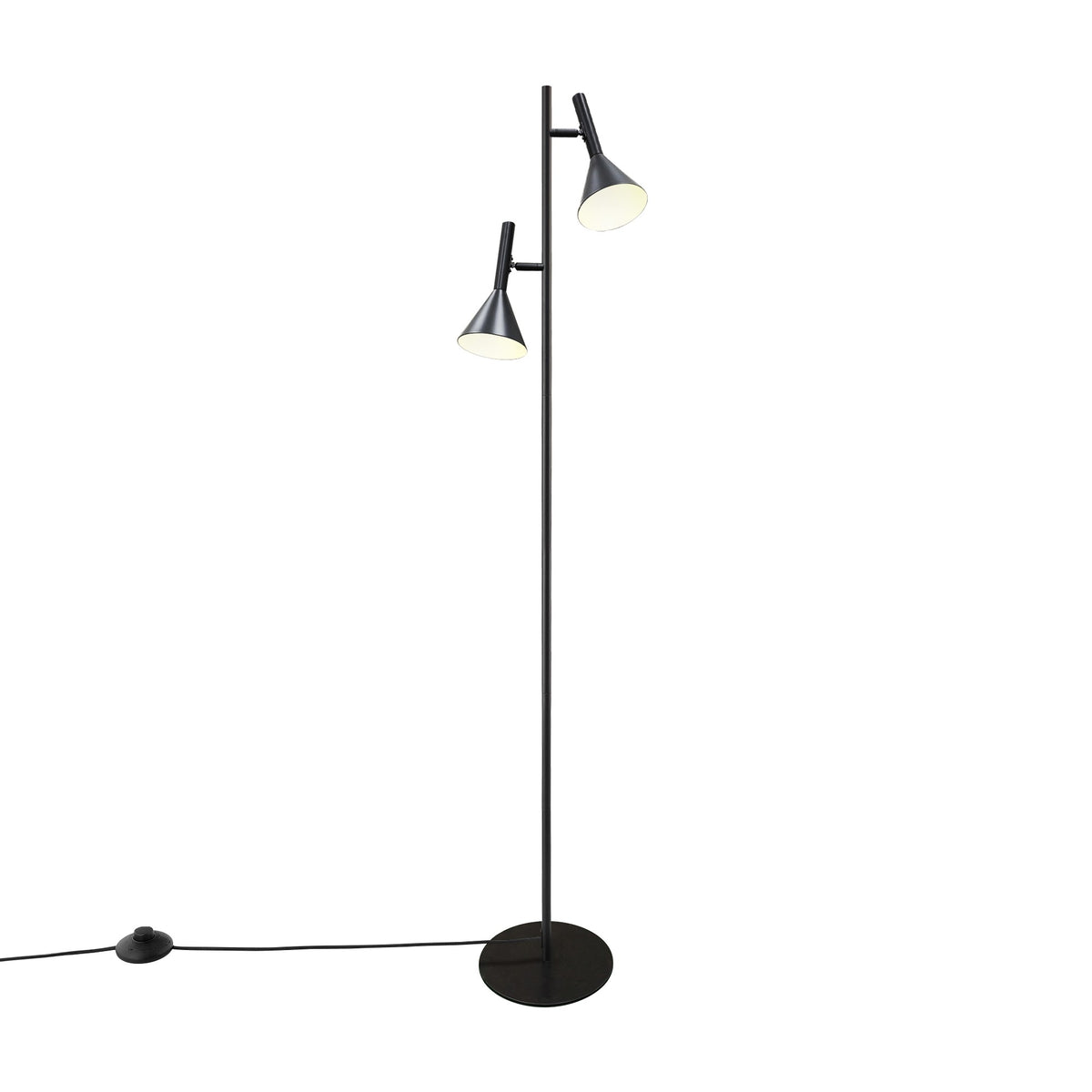 Lampadaire noir à deux têtes coniques orientables, vue de face sur fond blanc