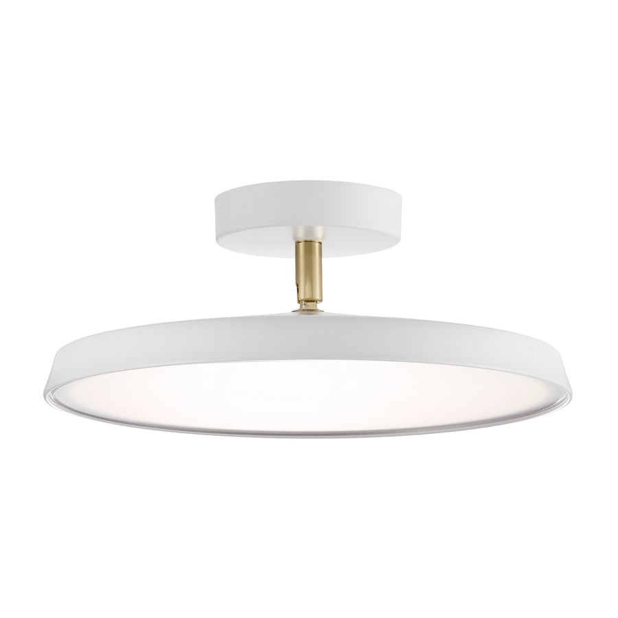 Vue de face du luminaire montrant la base ronde, la tige dorée et l'abat-jour blanc.