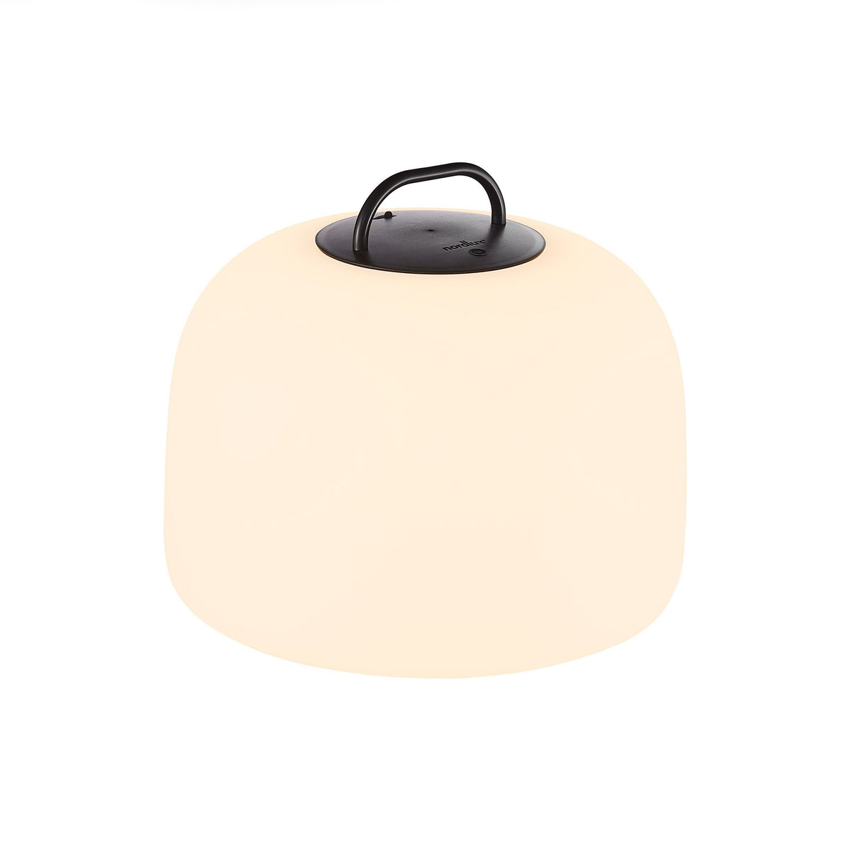 Lampe nomade de face, corps diffusant blanc et poignée noire sur le dessus