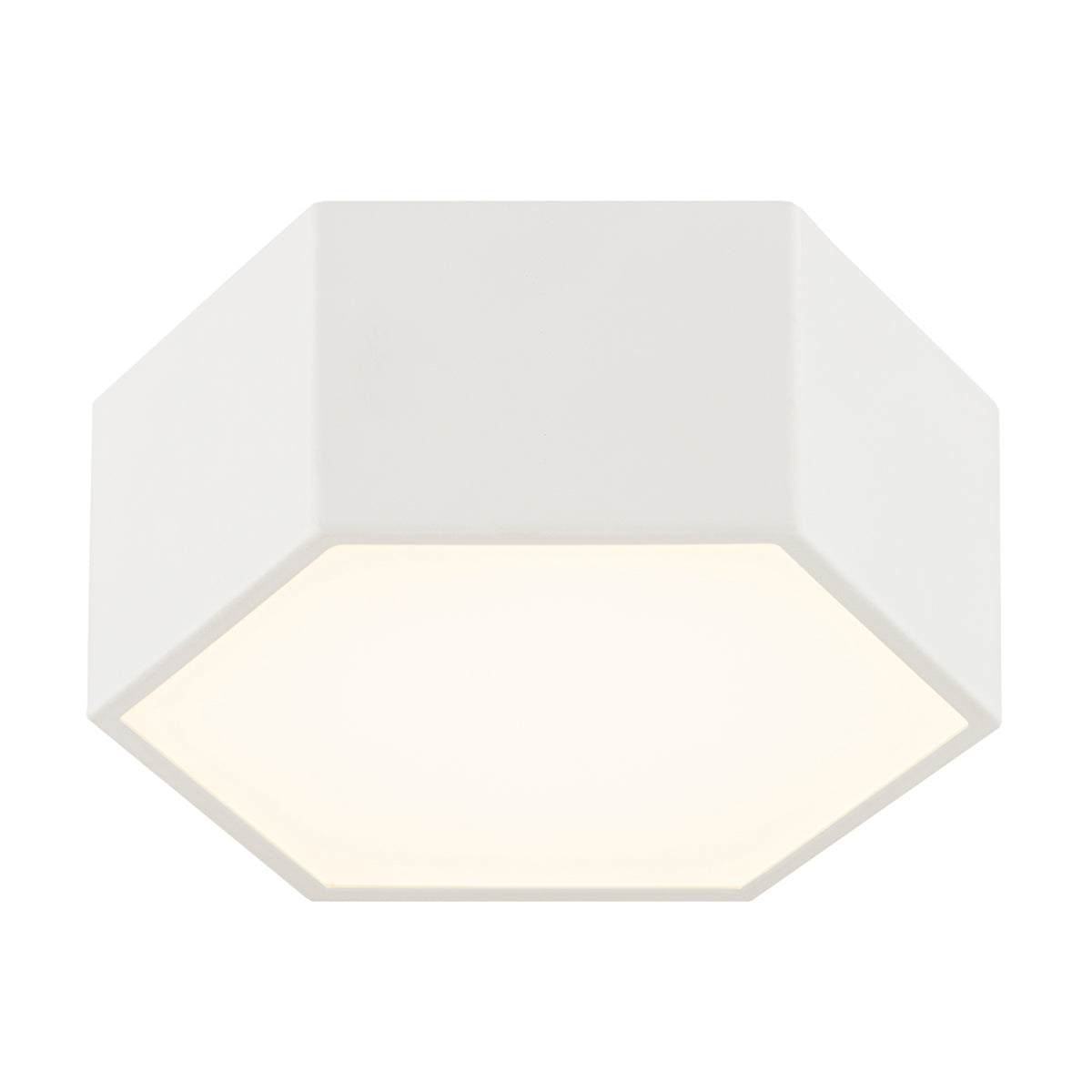 Plafonnier hexagonal blanc allumé, vue de face sur fond blanc