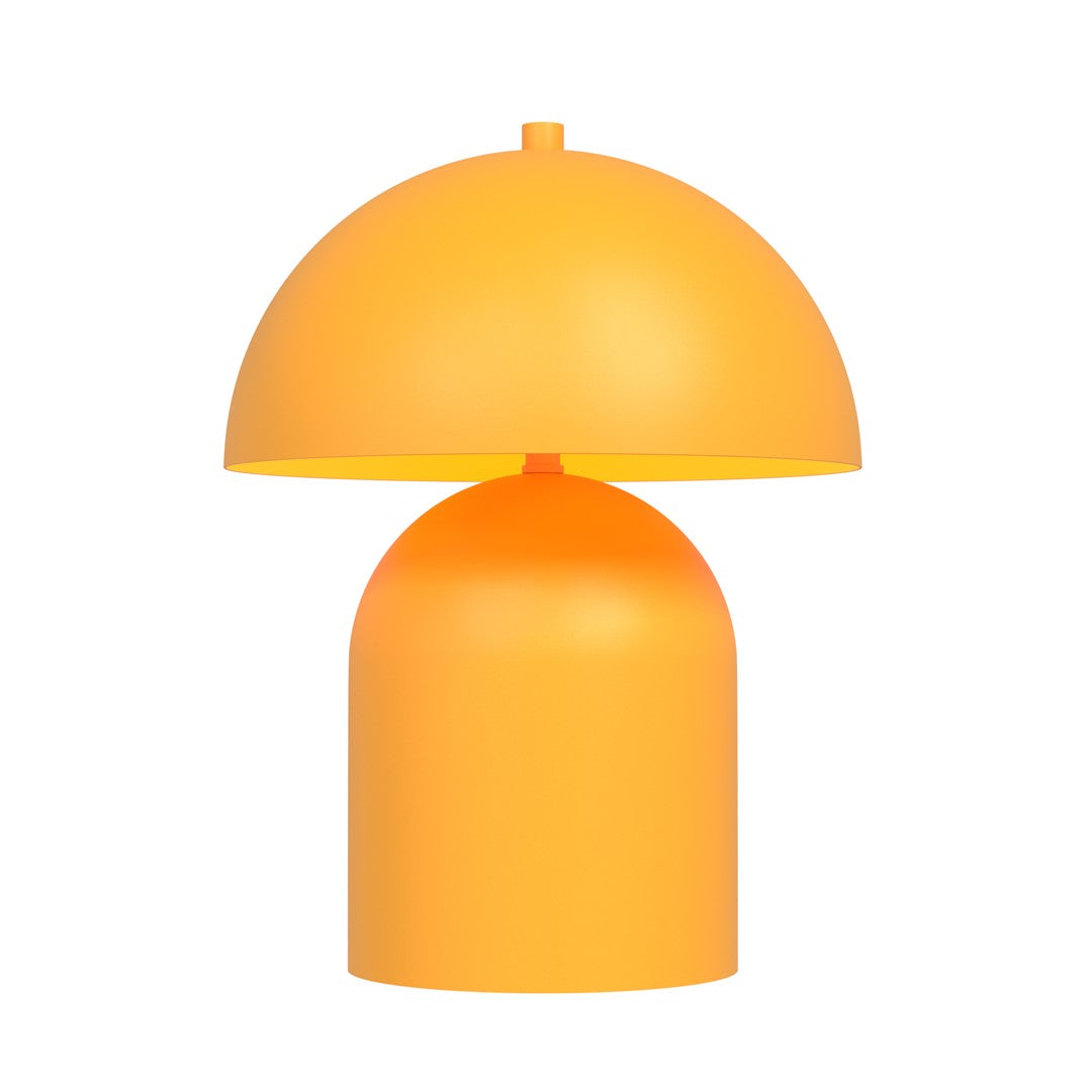 Vue de profil du luminaire orange, montrant l'abat-jour bombé et le socle cylindrique