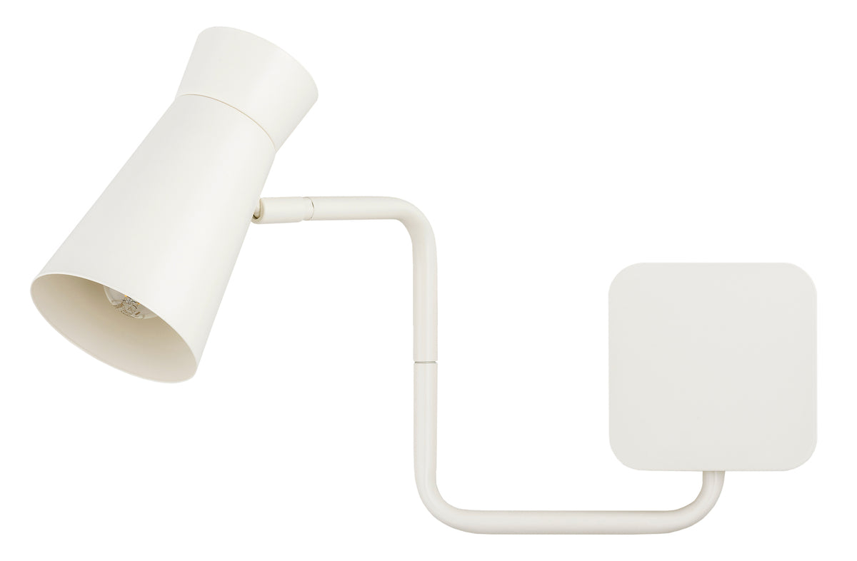 Vue de trois quarts du luminaire blanc avec bras articulé apparent