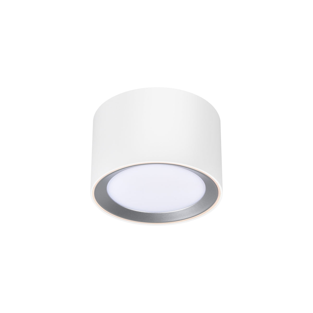 Luminaire LED plafond blanc allumé, lumière froide et bordure métallique fine.