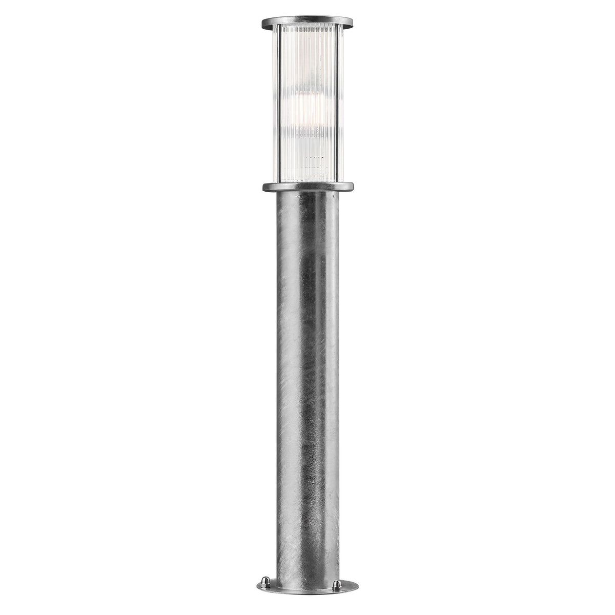 Borne lumineuse extérieure vue de face, poteau cylindrique en acier galvanisé et diffuseur en verre strié