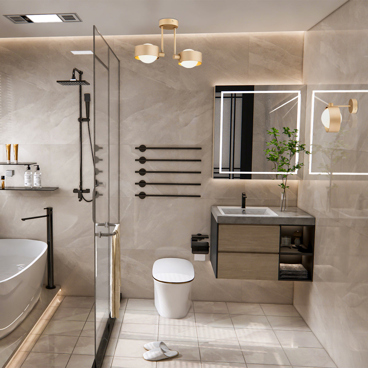 Mise en ambiance dans une salle de bain moderne, luminaire doré allumé au plafond