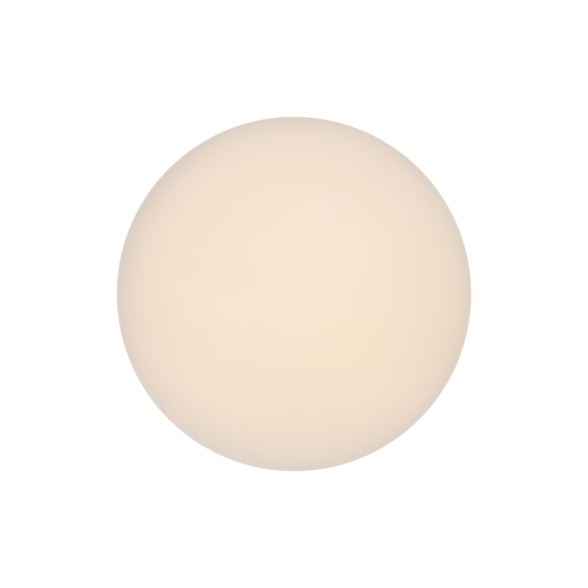 Vue frontale du luminaire allumé, disque circulaire diffusant une lumière chaude uniforme