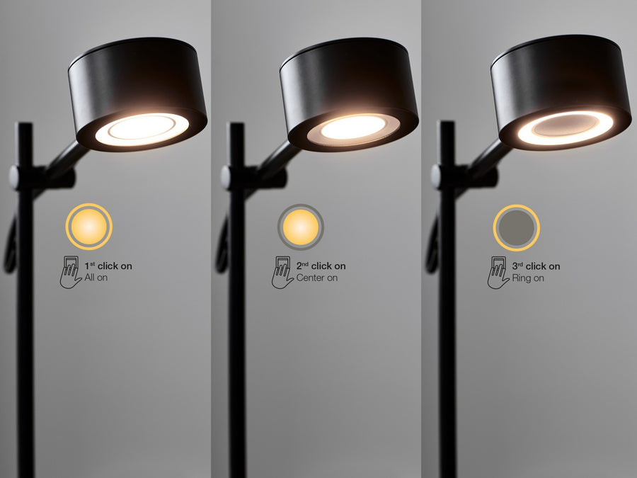 Détail du fonctionnement LED en trois modes : tout allumé, centre ou anneau.