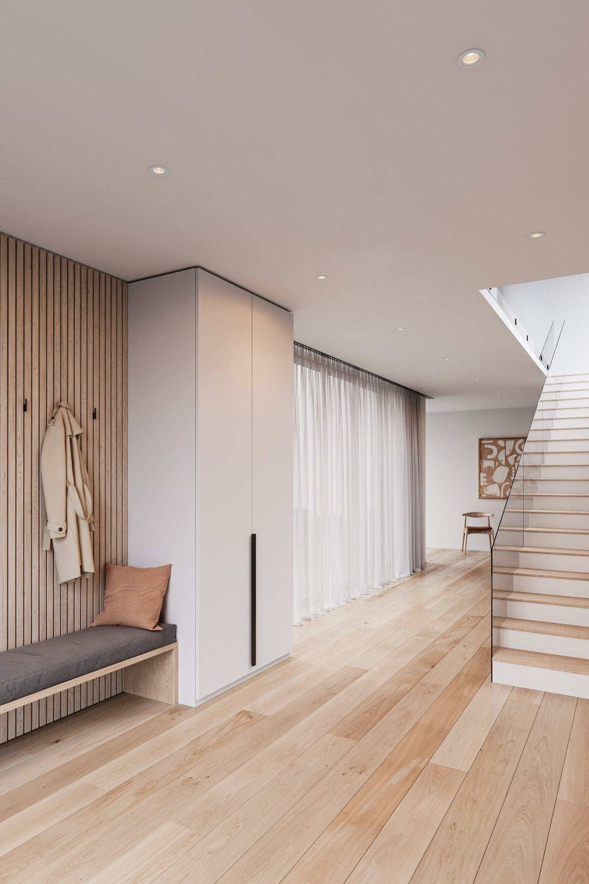 Mise en ambiance d'un couloir moderne avec spots encastrés au plafond allumés