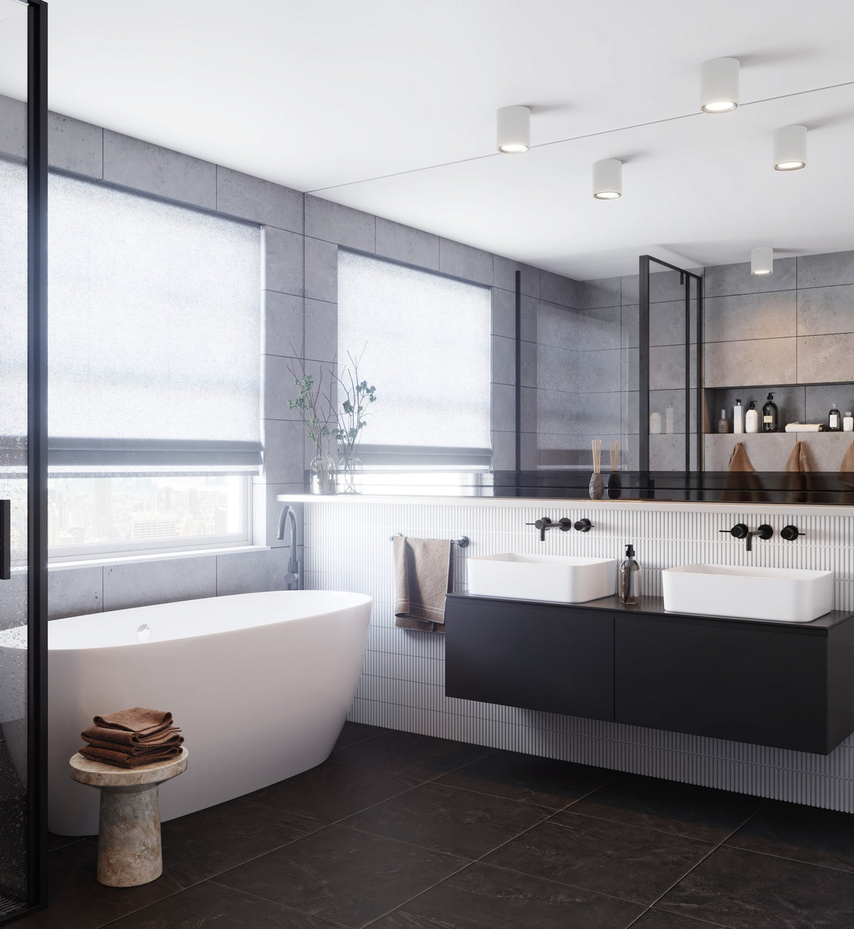 Mise en ambiance d'une salle de bain moderne avec plusieurs plafonniers cylindriques blancs au plafond.