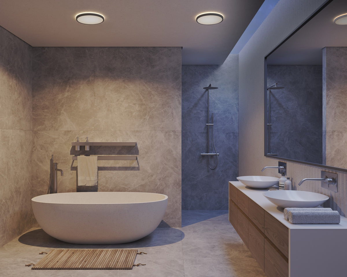 Ambiance de salle de bain moderne avec deux plafonniers ronds au plafond.