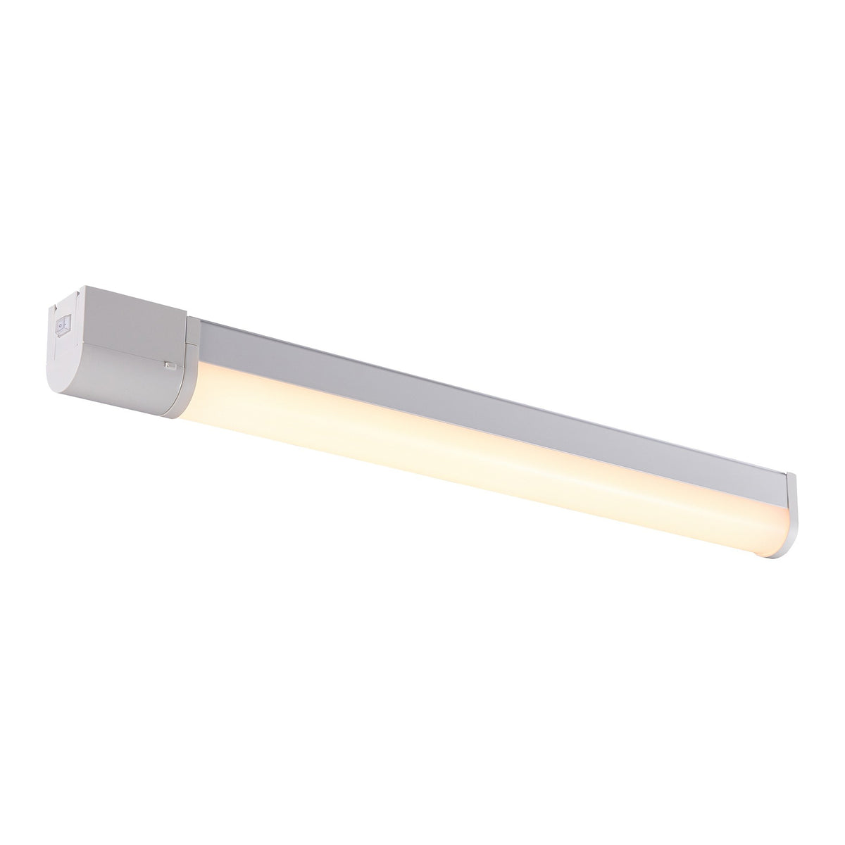 Vue en perspective du luminaire blanc allumé, long tube LED lumineux
