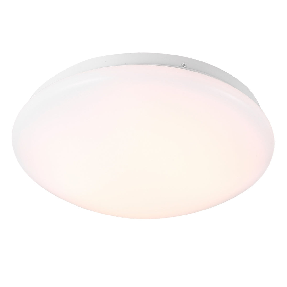 Plafonnier LED blanc fixé au plafond, diffuseur en forme de dôme.