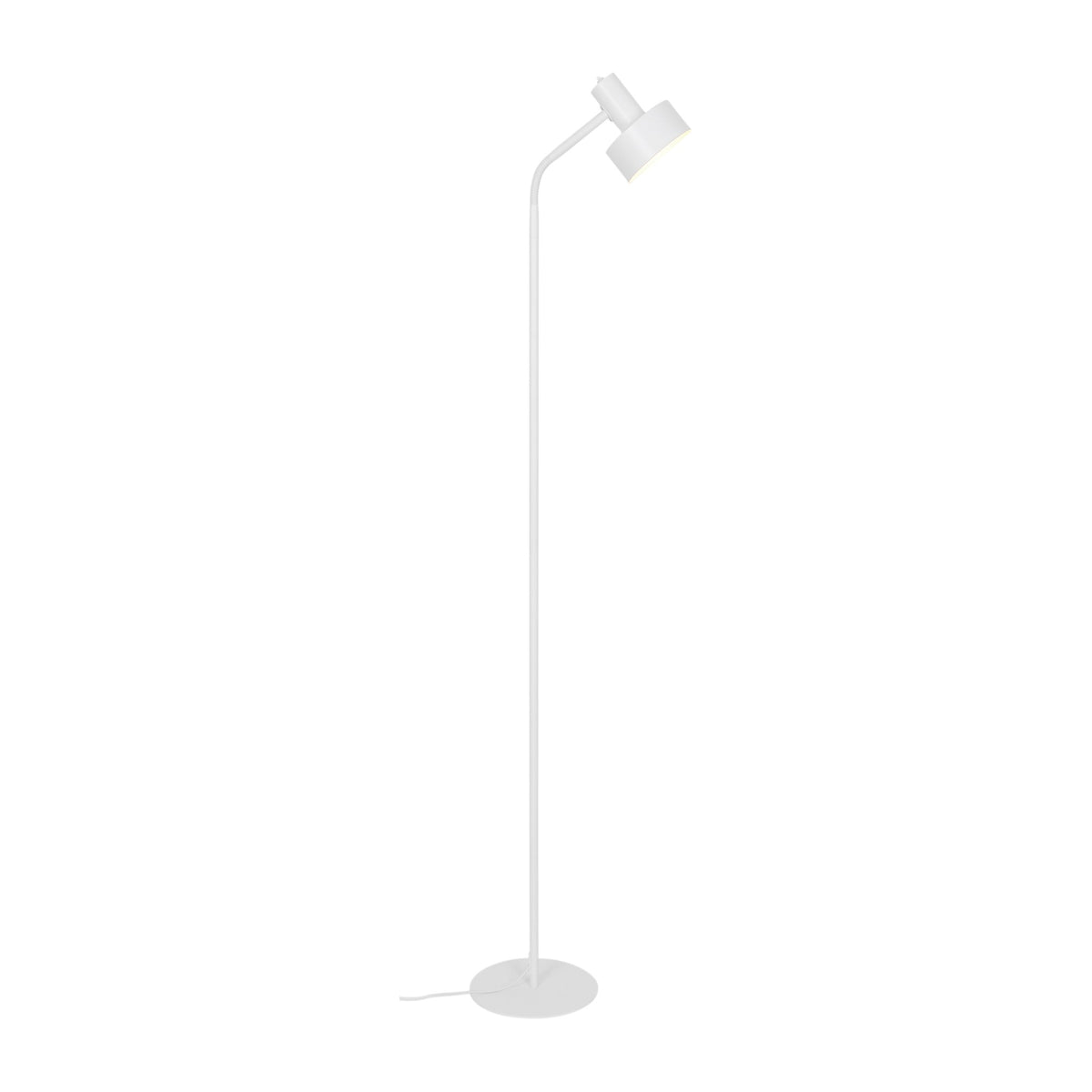 Lampadaire blanc vu de face, bras flexible et abat-jour cylindrique incliné