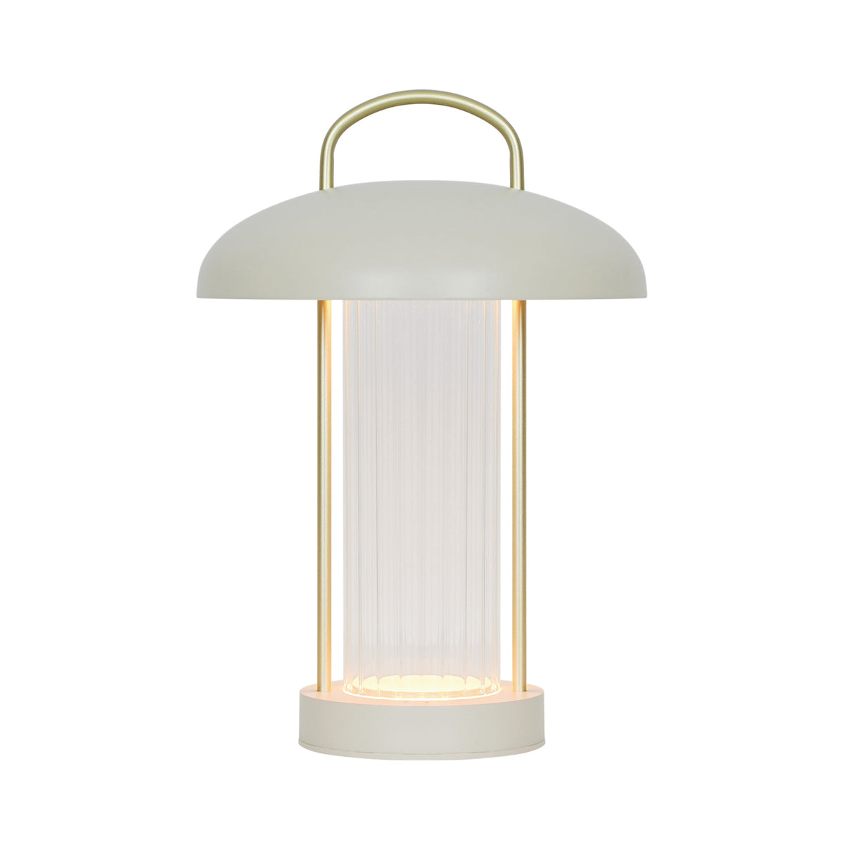 Luminaire portable de face sur fond blanc, dôme laiteux et cylindre de verre strié