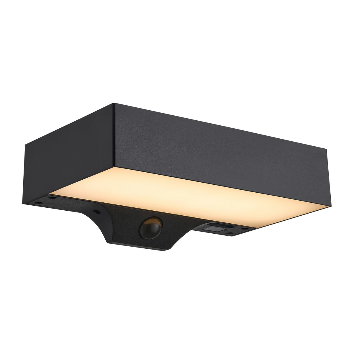 Applique murale noire vue de dessous, diffuseur LED allumé et détecteur de mouvement frontal