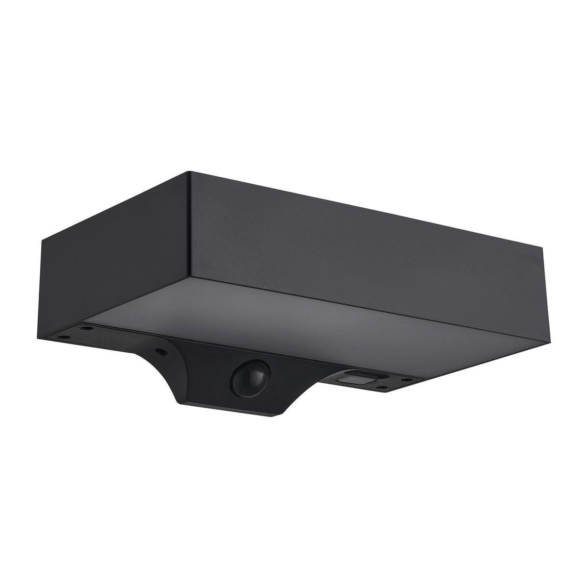 Vue en contre-plongée du boîtier noir, diffuseur éteint et capteur de présence apparent