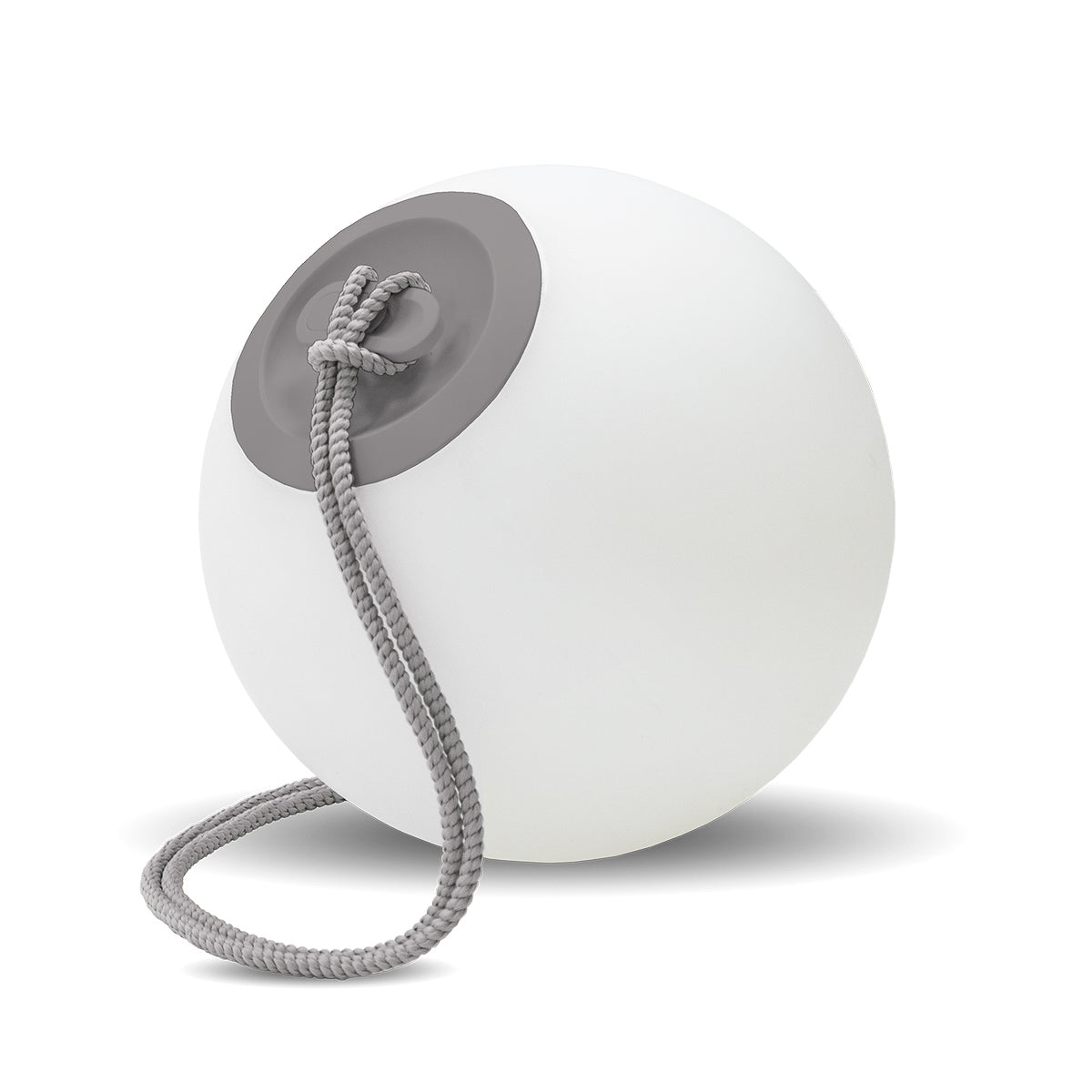 Sphère lumineuse blanche éteinte sur fond blanc, corde grise et fixation