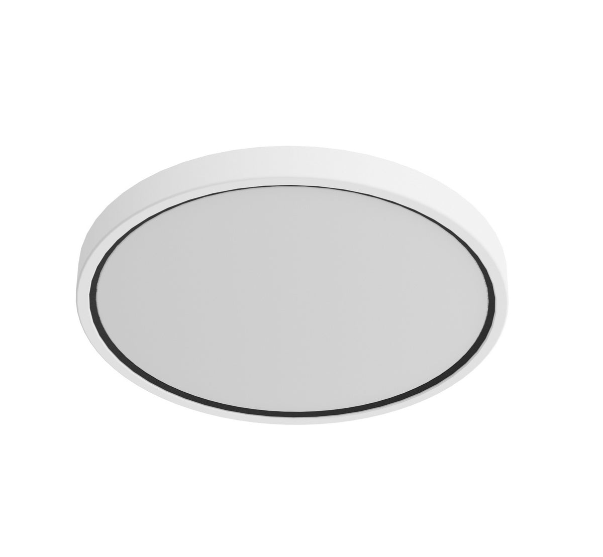 Plafonnier LED rond blanc éteint, liseré noir, vue de trois quarts
