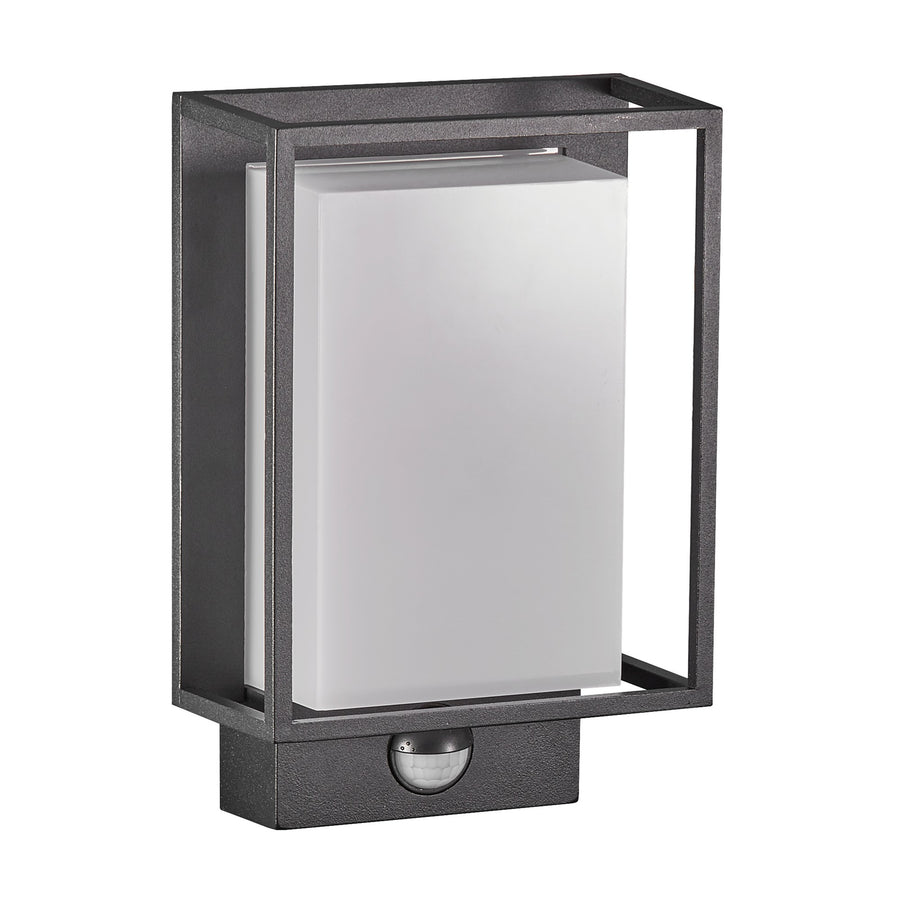 Vue de face du luminaire rectangulaire noir éteint, cadre ouvert et détecteur inférieur.