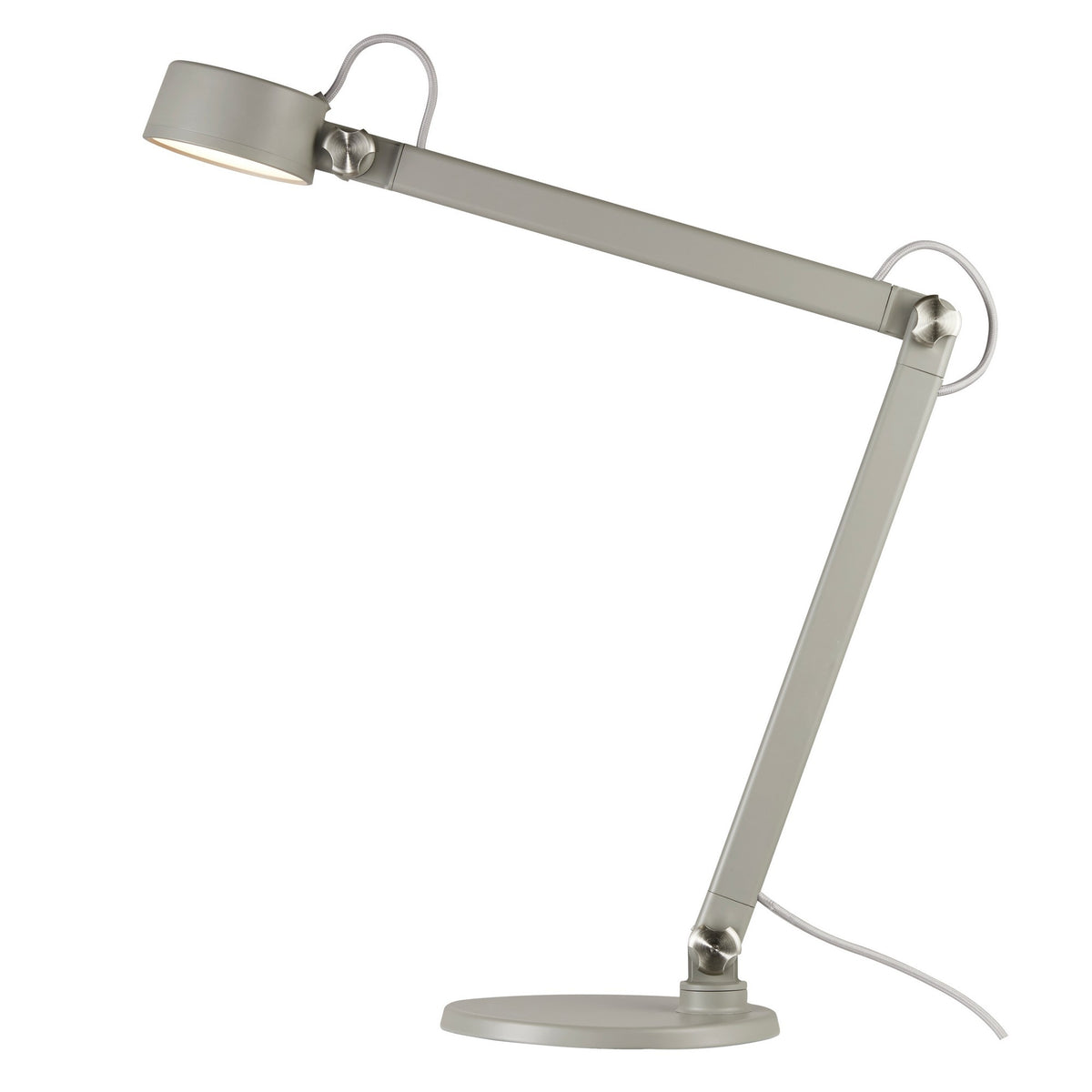 Lampe de bureau gris clair avec bras articulé et tête ronde orientable.
