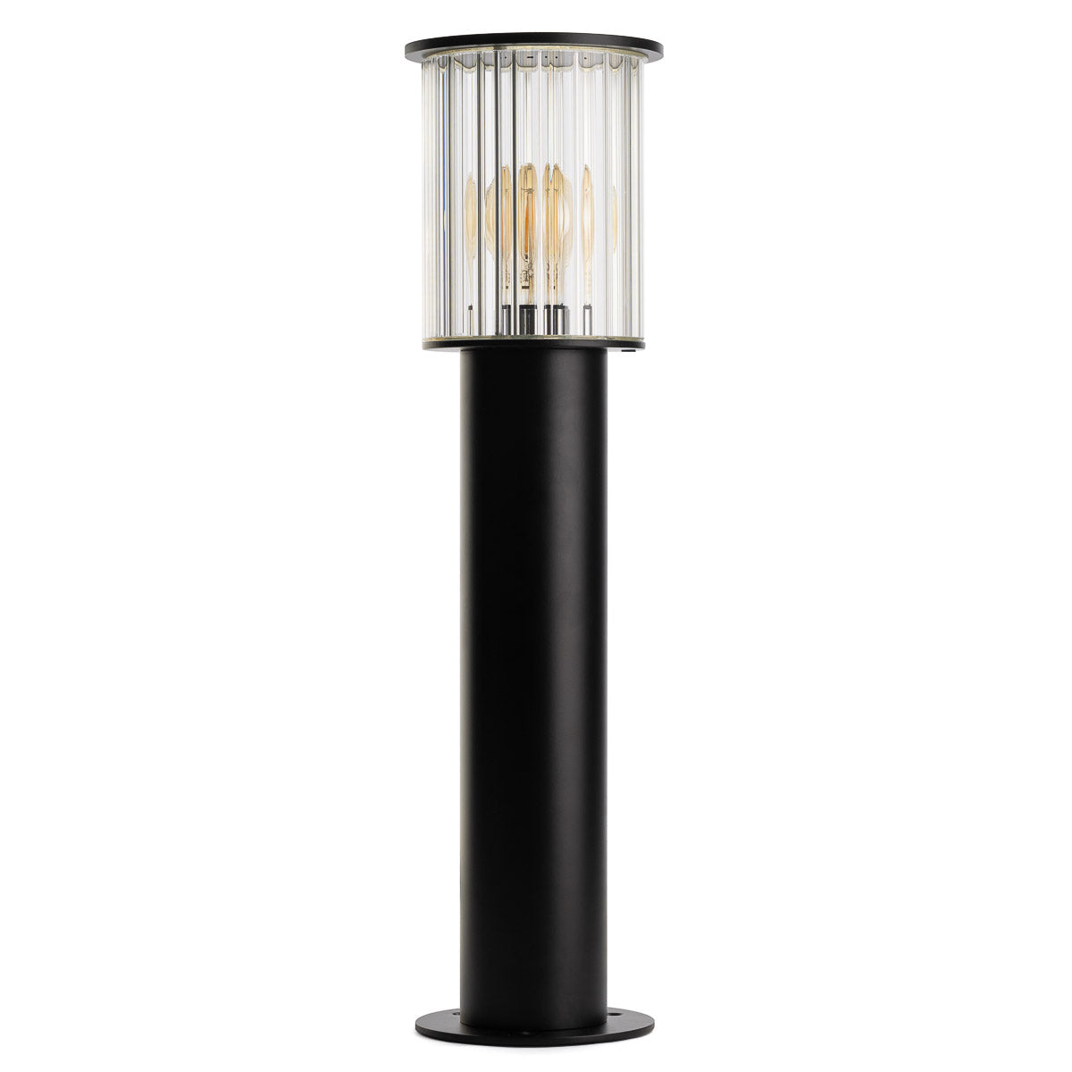 Vue de face du lampadaire noir avec fût cylindrique et diffuseur en verre strié transparent.