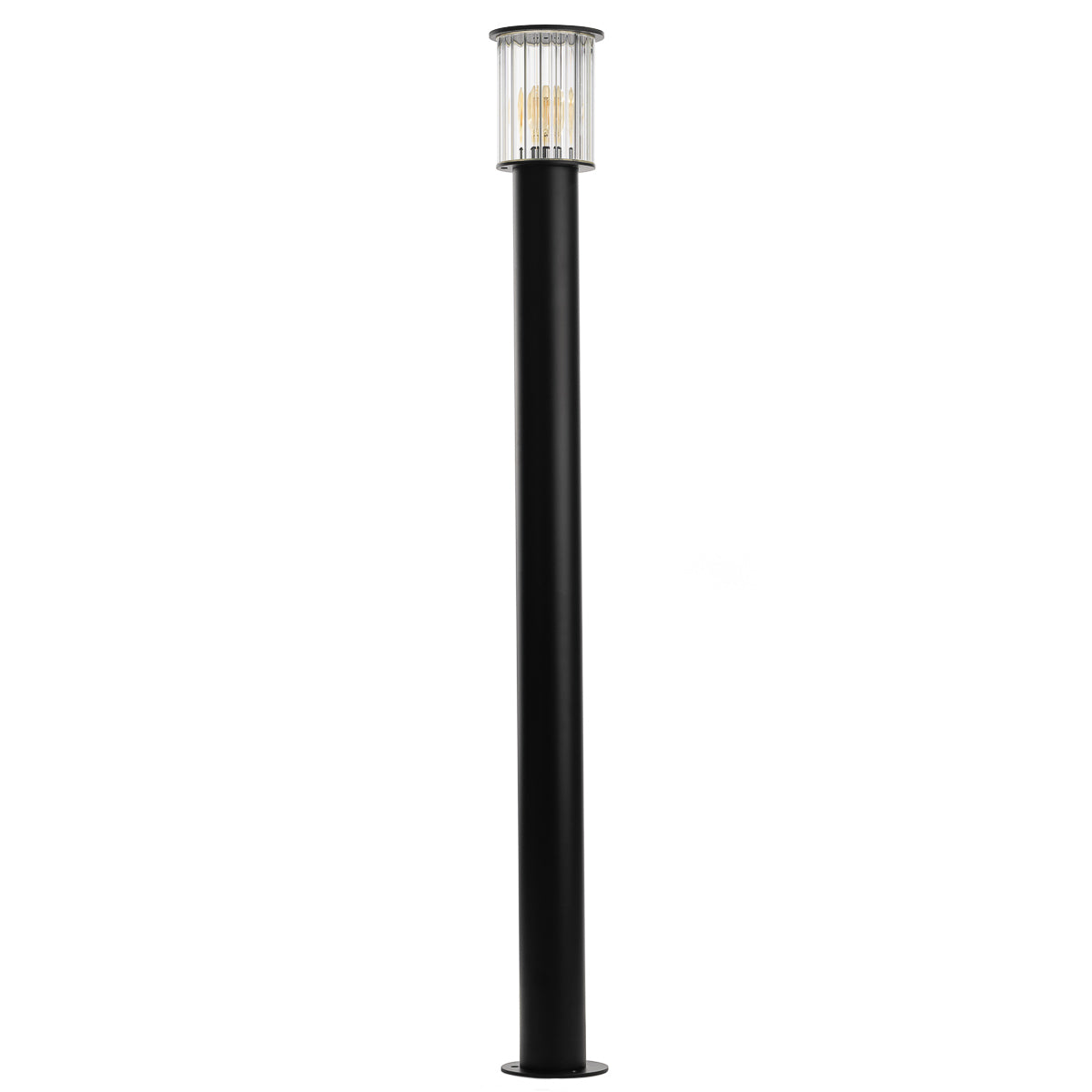 Lampadaire extérieur noir présenté de face sur fond blanc, avec son diffuseur cylindrique en verre.