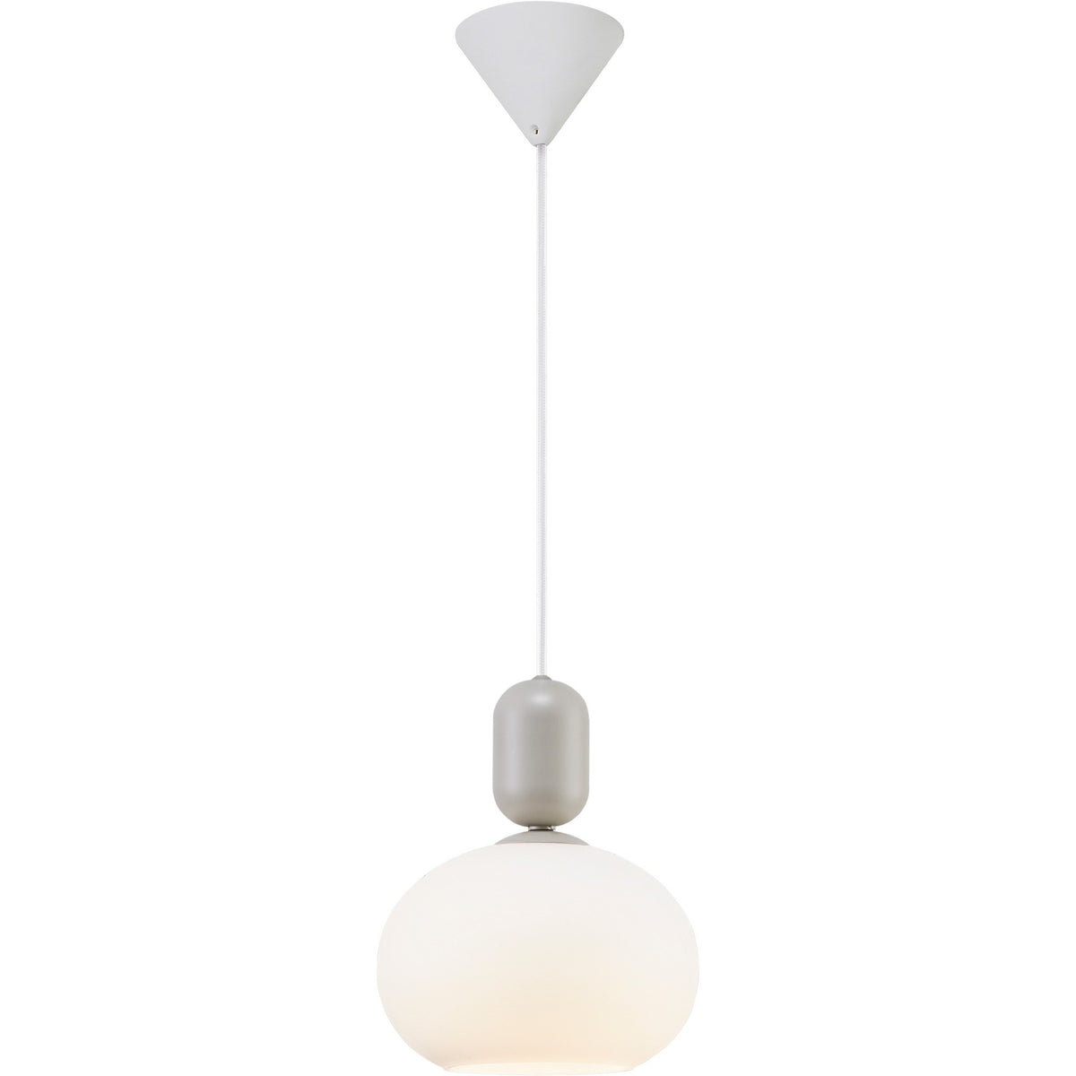 Suspension en verre opalin blanc avec câble et rosace, vue de face sur fond blanc