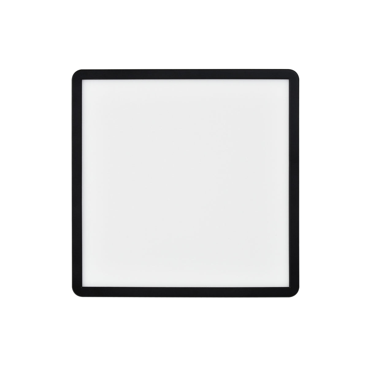 Vue de face éteinte, diffuseur blanc opaque et cadre carré noir aux angles arrondis
