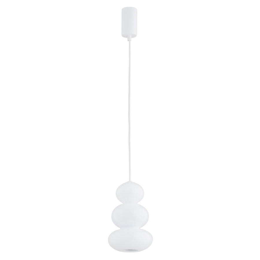 Suspension blanche composée de trois globes empilés, suspendue par un câble blanc sur fond neutre.