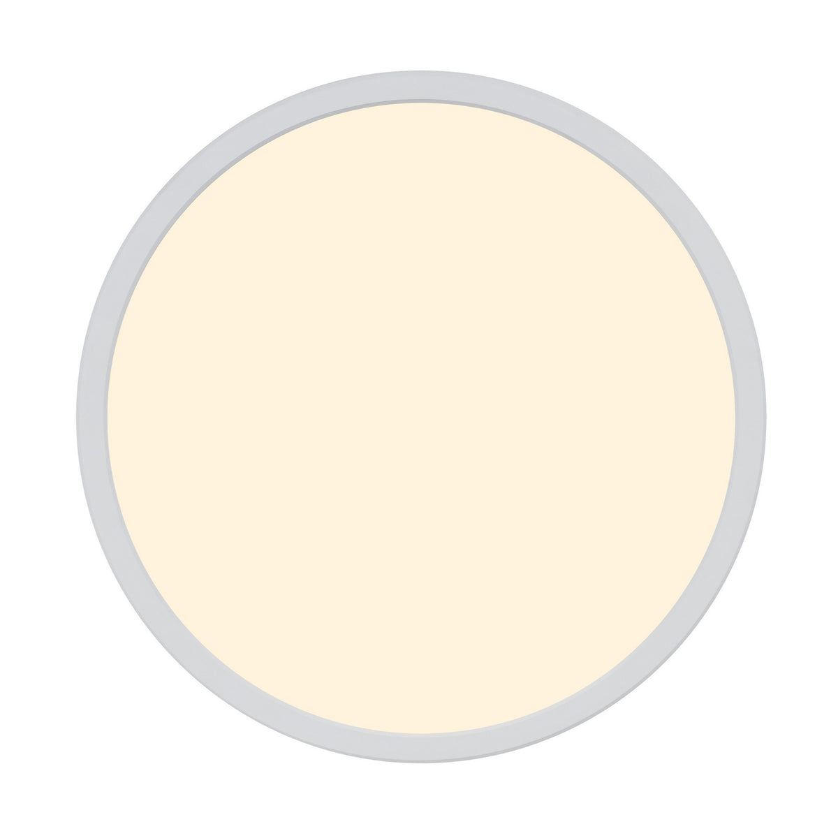 Vue de dessous du plafonnier circulaire, grand diffuseur blanc uniformément éclairé.
