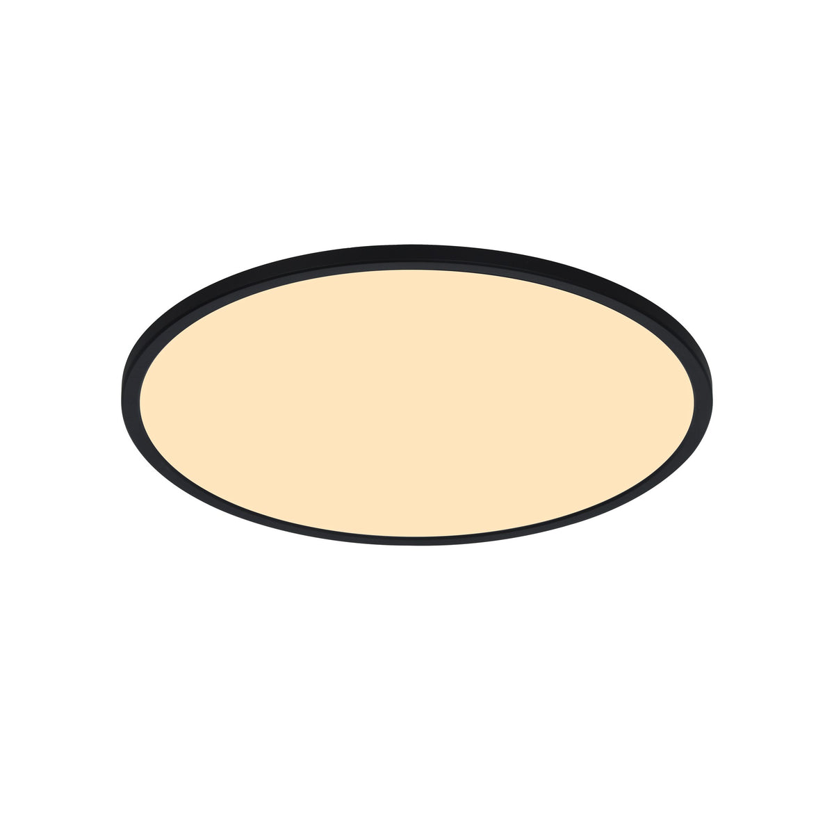 Vue légèrement inclinée du plafonnier rond noir à diffuseur beige opale.