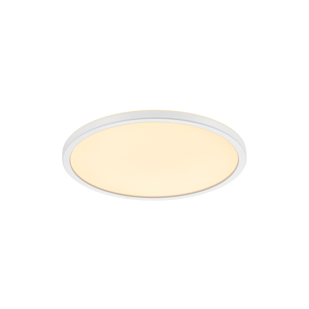 Plafonnier rond blanc de face, diffuseur opale allumé en lumière chaude