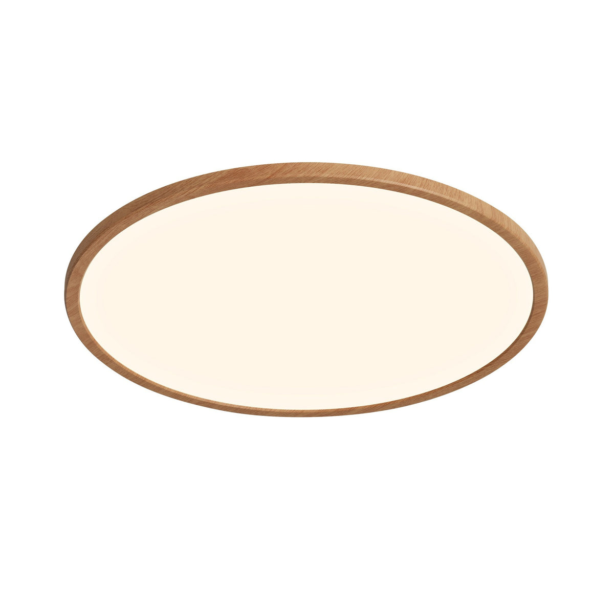 Plafonnier ovale en perspective, cerclage effet bois clair et diffuseur opale blanc