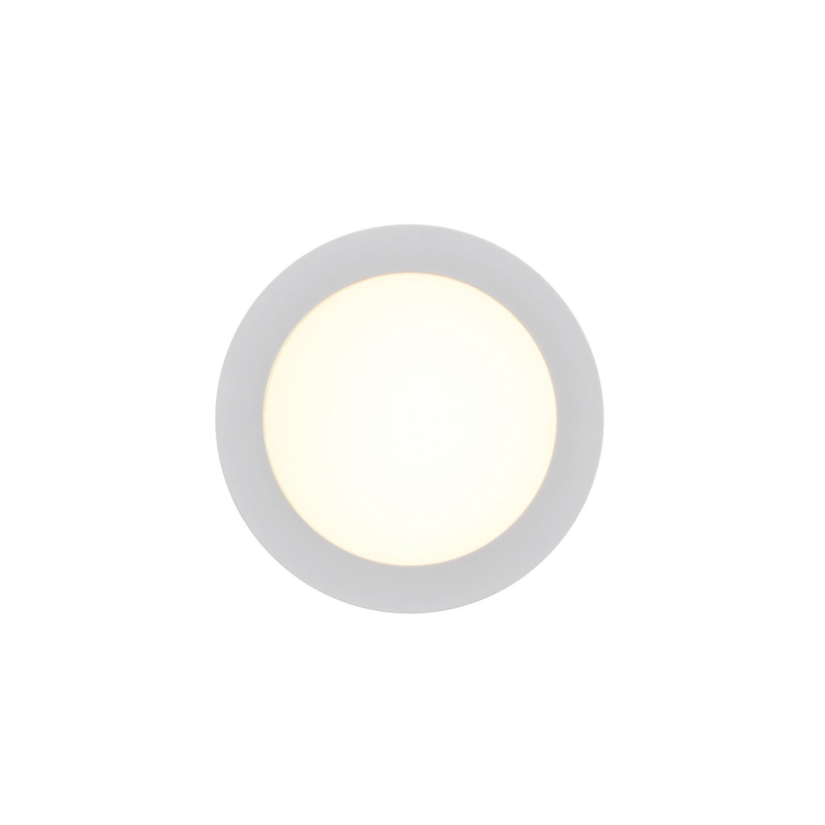 Face avant ronde d'un spot LED encastrable blanc, diffuseur opale allumé.