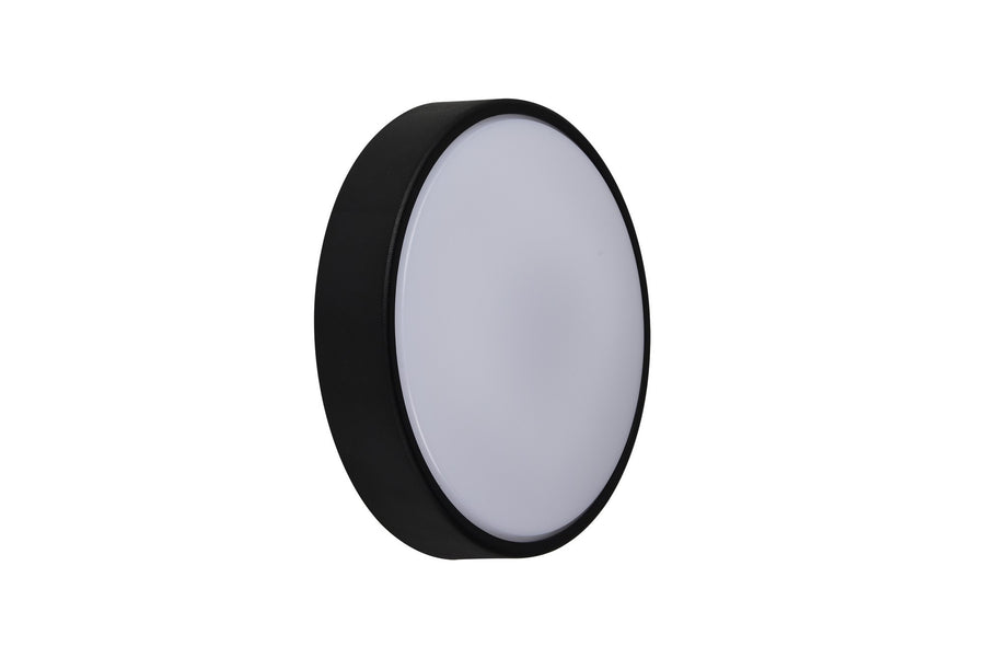 Vue de trois quarts du luminaire éteint avec diffuseur blanc opalin et cadre noir