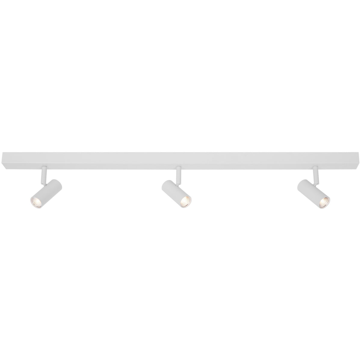 Luminaire plafonnier linéaire blanc avec trois spots cylindriques orientables sur fond blanc.