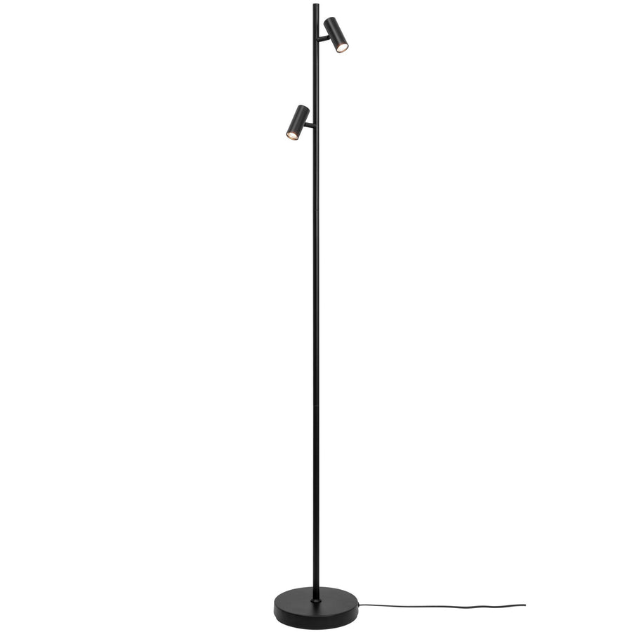 Lampadaire noir avec deux spots cylindriques orientables et base ronde au sol.