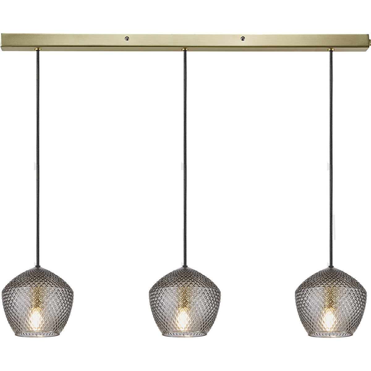 Vue de face de la suspension trois spots, barre laiton et verres ronds texturés
