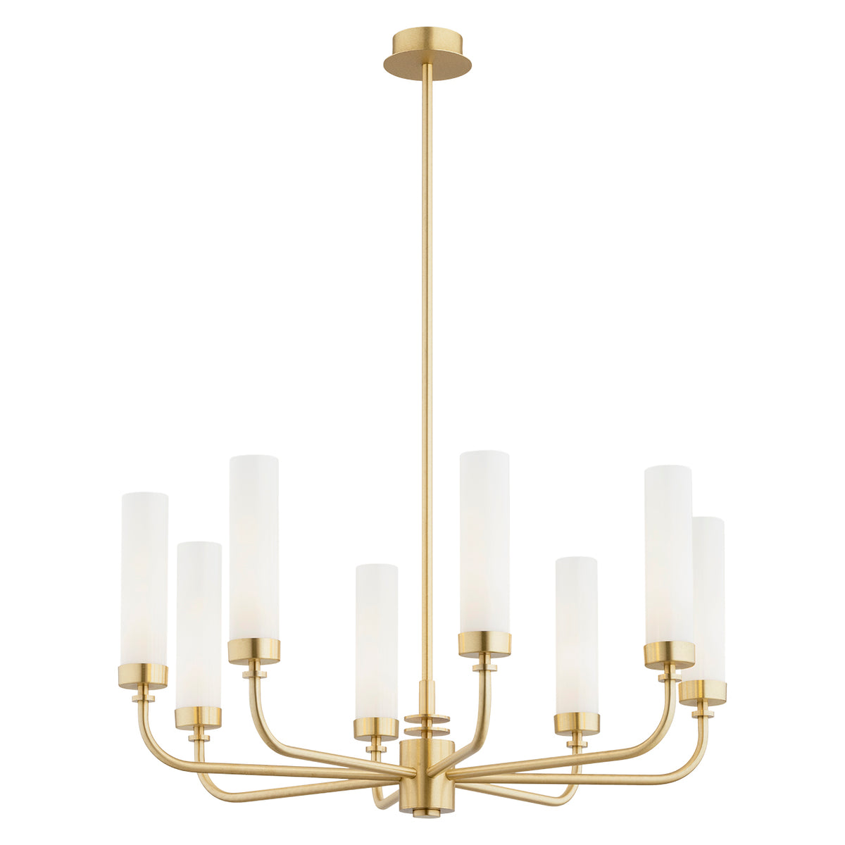 Lustre en laiton doré vu de face, huit diffuseurs cylindriques en verre blanc opale