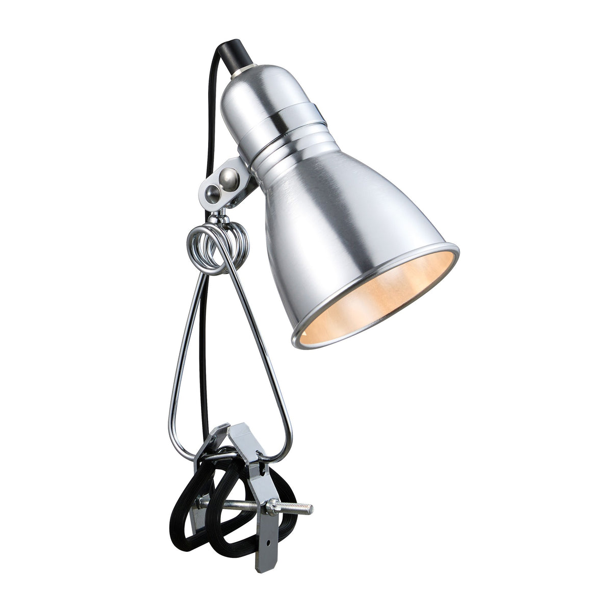 Lampe à pince argentée orientable, vue de trois quarts sur fond blanc