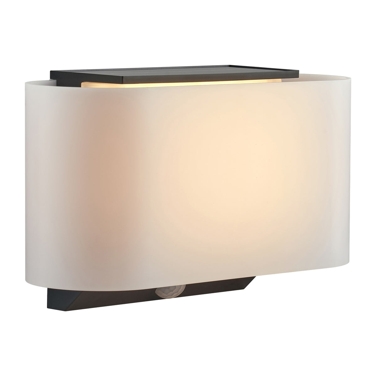 Luminaire mural blanc vu de trois quarts, panneau solaire noir sur le dessus
